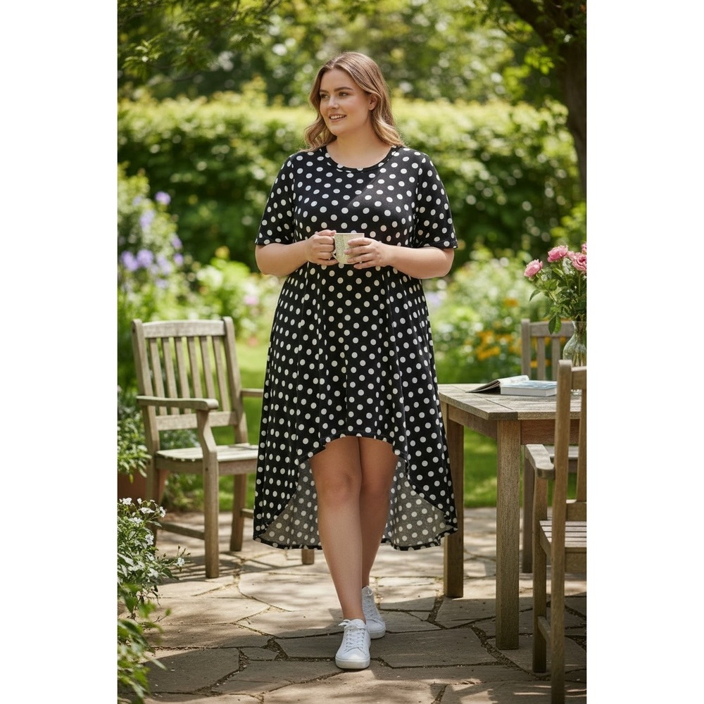 Karen-T Design Black White‎ Polka Dot High Low Dress Side Pockets USA Made XL